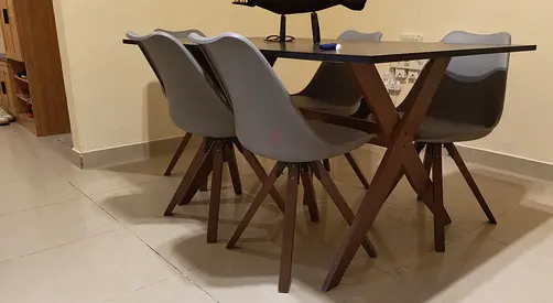 Dining table with 6 modern chairs - walnut legs, grey seats