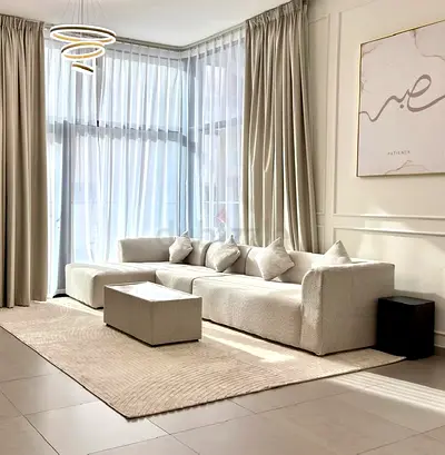 Modern L-shaped Cream Fabric Sofa Set with Ottoman