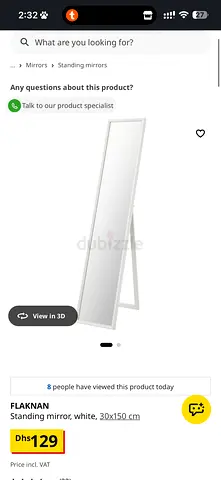 Full-length standing mirror (white) 30x150 cm - used, good condition