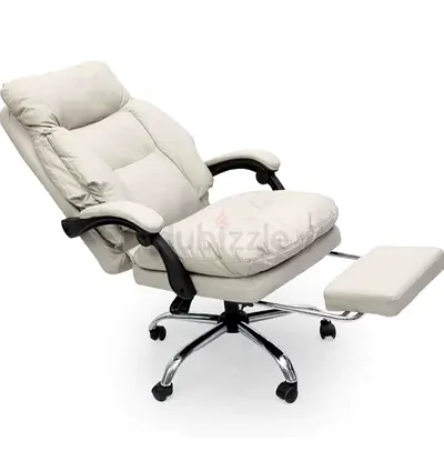 Cream leather reclining office chair with footstool and wheels