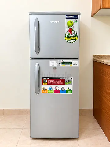 Geepas Double Door Fridge - Silver, Top Freezer