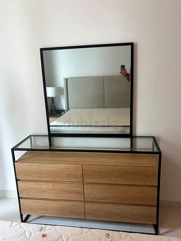 Wooden Dresser with Mirror and Metal Frame - 6 Drawers