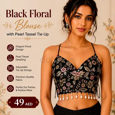 Black Floral Pearl Tassel Tie-Up Blouse