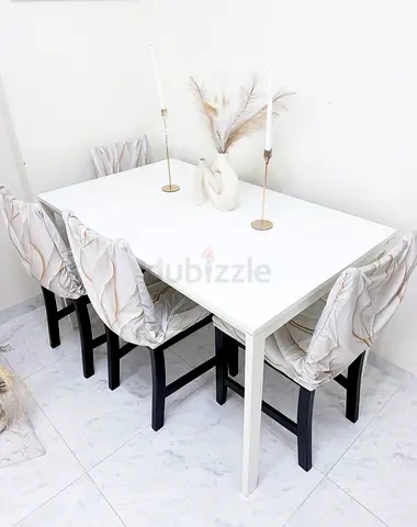 Minimal White Dining Table with 4 Cushioned Chairs - Good Condition