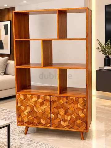 Solid Wood Display Shelf with Geometric Carved Cabinet - Mid Century Style