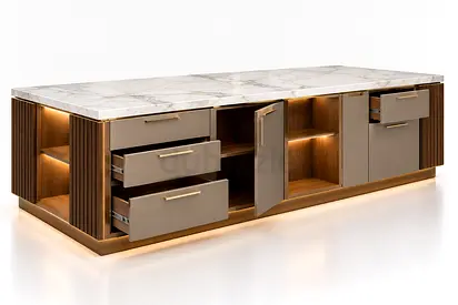 Custom-Made Marble Top Kitchen Island | Storage Drawers & Cabinets