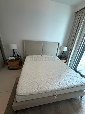 Queen upholstered bed frame with mattress - light grey, good condition