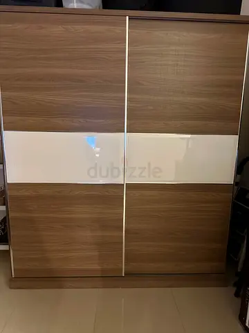 2-door Sliding Wardrobe in Wood Finish with White Accent - Good Condition