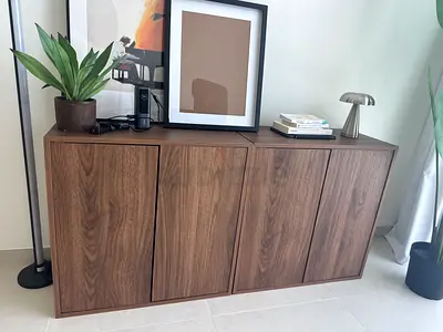 Wall-mounted wooden storage cabinet - 4 doors, walnut finish