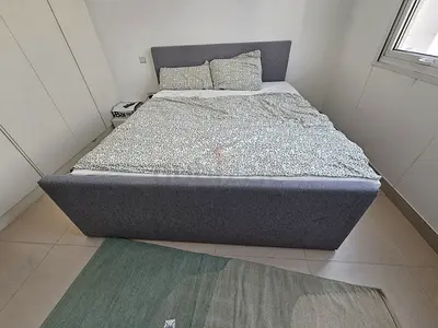 Grey Fabric Double Bed with Headboard and Footboard — Good Condition