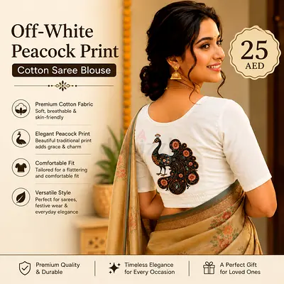 Off-White Cotton Saree Blouse with Peacock