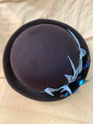 Brown felt women's hat with grey ribbon and sequin embellishments