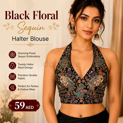 Black Floral Sequin Halter Blouse