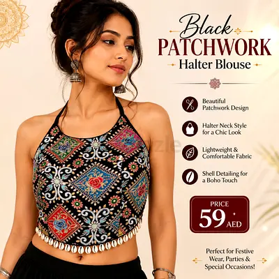 Black Patchwork Halter Blouse with Shell Trim