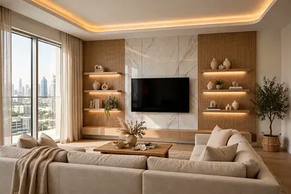 Sorvane Flat Lounge Makeover, Panelled Media Wall – Terrace
