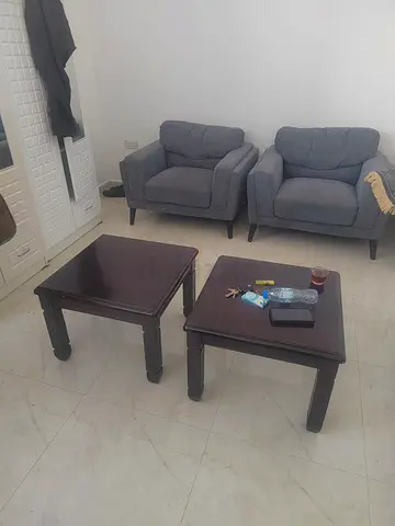 Pair of soft wide chairs with pair of dark wood square coffee/side tables - sturdy, good condition