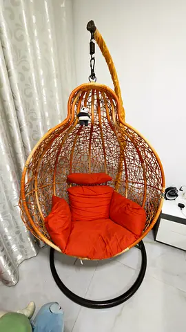 Rattan Hanging Egg Chair with Stand and Cushions - Orange