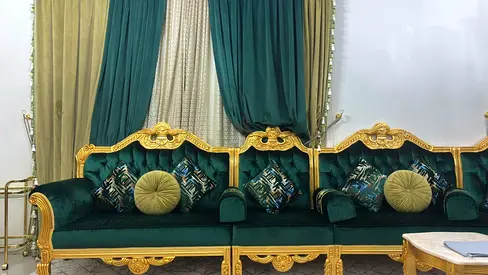 Ornate Green Velvet Sofa Set with Gold Trim - 3-Seater with curtains and carpet