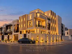 A corner villa featuring a luxurious Saudi-style design, spanning two floors plus a roof terrace. It
