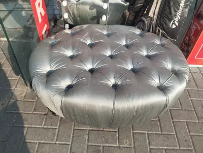 Large Round Tufted Ottoman / Footstool in Grey Fabric