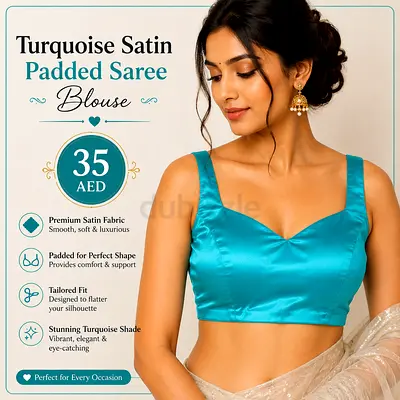 Turquoise Satin Padded Saree Blouse