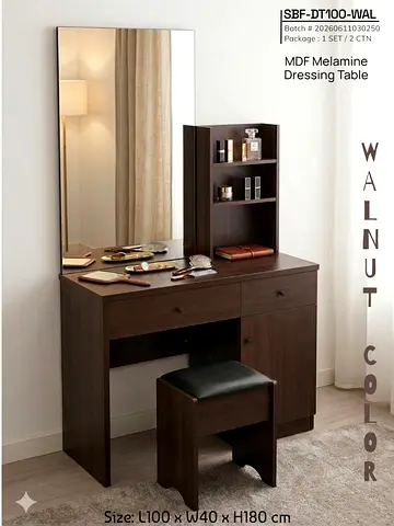 Walnut MDF Dressing Table with Mirror and Stool (L100 x W40 x H180 cm)