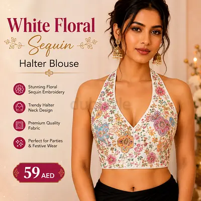 White Floral Sequin Halter Blouse