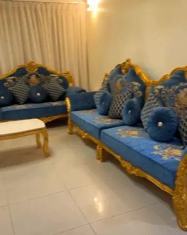 Ornate Blue Velvet Sofa Set with Gold Carved Wood Frame - 3+2 Seater