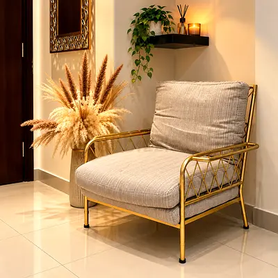 Single Gold Frame Accent Armchair with Beige Cushions