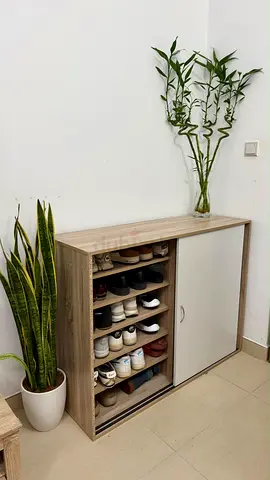 Compact Wooden Shoe Cabinet with Sliding Door - Light Oak