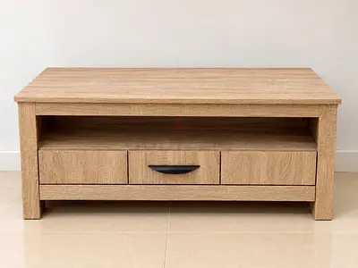 Oak-finish Coffee Table with Drawer and Open Shelf