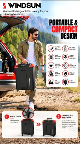 Windsun Portable Rechargeable Outdoor Fan - Compact, Trolley Design