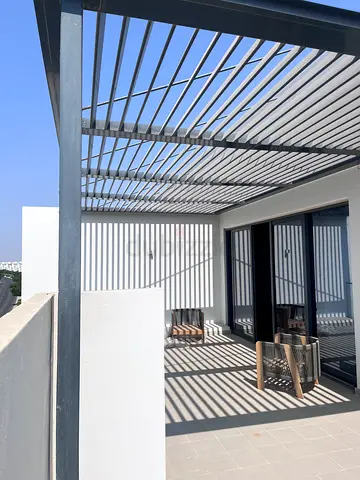 Modern outdoor pergola / shaded balcony structure - metal louvered frame