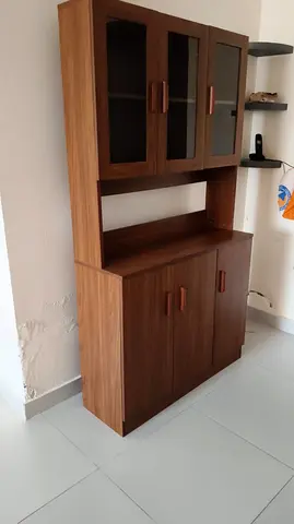 Wooden kitchen cabinet with glass doors — good condition