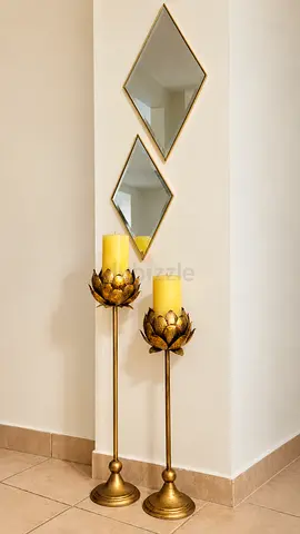 4-Piece Gold Home Décor Set – 2 Lotus Candle Holders + 2 Mirrors