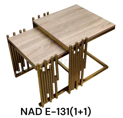 Set of 2 Nesting Side Tables with Gold Metal Frame and Oak Tops (1+1)