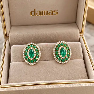 Damas Emerald and Diamond Halo Earrings - 18K Gold