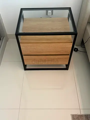 Modern industrial bedside table with 3 drawers - oak finish. I have 2 and has usb charging for phone