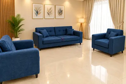 Blue 3-seater sofa with matching armchairs - good condition