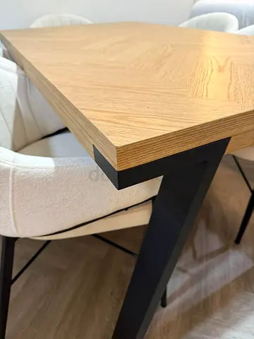 Solid Oak Effect Dining Table with Black Metal Legs plus 6 fabric chairs - Excellent Condition
