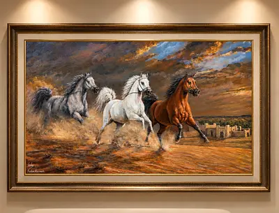 Framed Painting of Galloping Horses - Large Wall Art 90*60cm (Running Around )