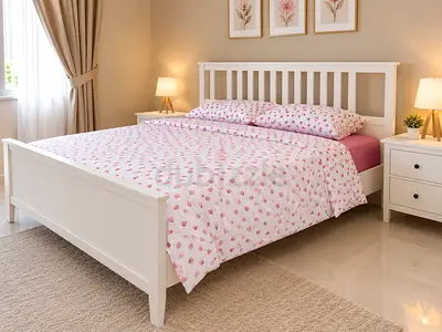 White Wooden Double Bed Frame with Slatted Headboard - Good Condition