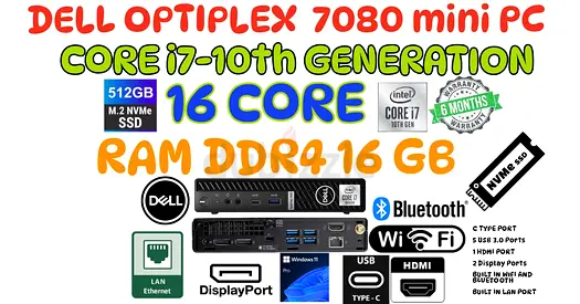 10TH GEN DELL OPTIPLEX 7080 MINI PC CORE i7-10700T-16GB RAM-512GB NVME SSD-WIFI-BLUETOOTH-1 HDMI+2 D