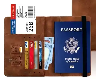 Leather Passport Holder with Card Slots and Elastic Closure - Brown