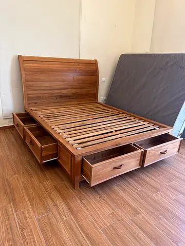 Custom made queen teak bed with drawers storage (mattress for free)
