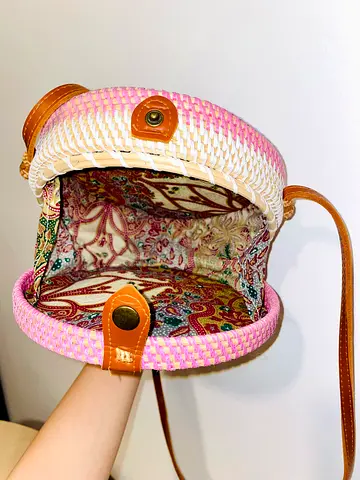 Handmade Round Woven Straw Crossbody Bag with Printed Lining