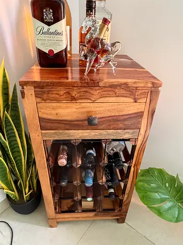 Solid Sheesham Wood Wine Cabinet with Drawer - Compact Bar Cabinet