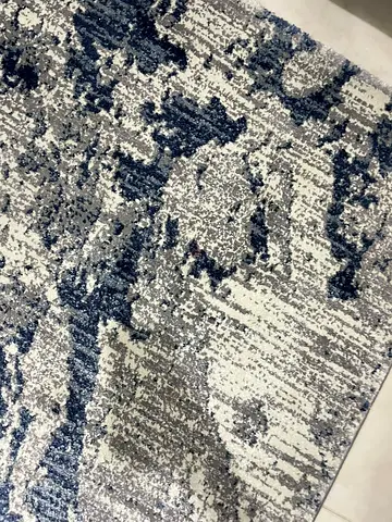 Blue and grey abstract modern area rug - good condition