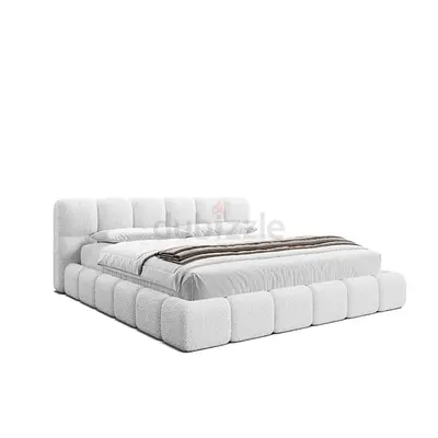 Modern Upholstered Plush White King Bed with Padded Headboard