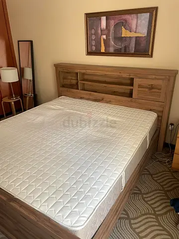 King wooden bed frame with headboard storage and mattress